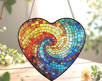Atrapasueños de vitral con espiral de arcoíris en forma de corazón, mosaico circular geométrico para ventana, arte de pared colorido para iglesia, regalo para amantes del arte.