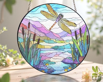 Atrapasol de vitral con diseño de libélula: decoración para ventana con paisaje fluvial