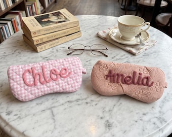 Personalized Reading Glasses Case with Chenille Name, Quilted Gingham or Floral Eyeglass Pouch for Book Clubs, Librarians and Reader Gifts