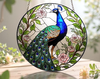 Atrapasol de vitral con diseño de flor de pavo real, decoración colorida para colgar en la ventana para amantes de los pavos reales, atrapasol de pájaro para el hogar, regalo para la abuela.