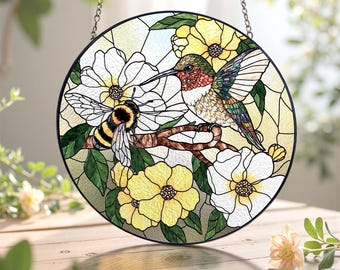 Atrapasol de vitral con forma de colibrí y abeja, adorno de vitral con forma de abeja, arte de pared con forma de pájaro, regalo para mamá, decoración de interiores, regalo de condolencias