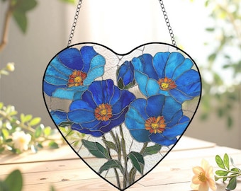 Blue Flower Heart Stained Glass Suncatcher: Bohemian Window Decor
