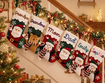 Personalized 3D Santa Snowman or Reindeer Christmas Stocking with Raised Yarn Name, Custom Family Holiday Decor for the Staircase or Mantel