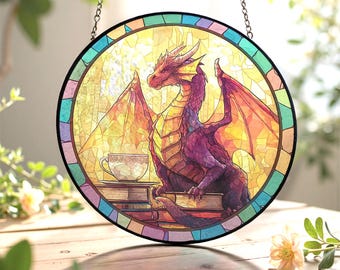 Łapacz słońca z witrażem w kształcie smoka, gotycki wystrój domu, witraż w stylu fantasy, prezent dla czytelników, prezent dla miłośników smoków