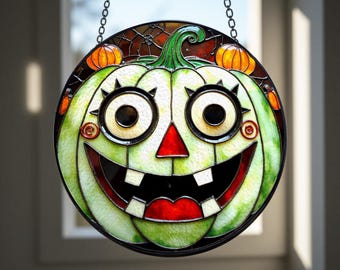 Atrapasol de vitral con forma de calabaza verde: decoración para ventanas de Halloween