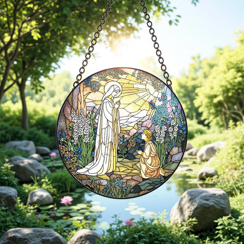 Peut inclure: Vitrail rond repr&eacute;sentant une sc&egrave;ne religieuse avec deux personnages dans un jardin. L'&oelig;uvre pr&eacute;sente une femme en robe blanche et une figure agenouill&eacute;e, entour&eacute;es de fleurs et d'arbres. Le vitrail est suspendu par une cha&icirc;ne en m&eacute;tal sombre.