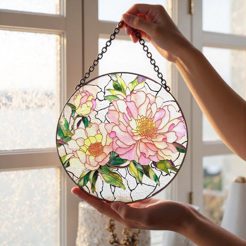 May include: Round stained glass art piece featuring a floral design with pink and yellow peonies and green leaves. The artwork is held by a chain and has a dark metal frame. The glass is clear with a cracked pattern.