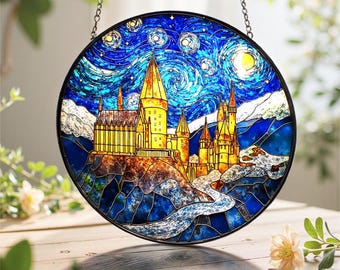 Wizard School Stained Glass Suncatcher | Magical Castle Window Hanging for Fantasy Fans | Enchanted Castle Art, Gift for Book Lover