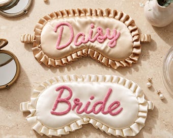 Personalized Ruffle Satin Sleep Mask with Chenille Name, a Bride to Be Gift for Engagements, Bridal Showers and Wedding Morning Preparations