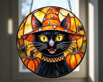 Atrapasol de vitral con forma de gato negro y sombrero de bruja para Halloween, atrapasol de calabaza, colgante de ventana con forma de gato negro, regalo de fiesta de Halloween, arte de vidrio con forma de telaraña.