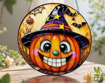 Stained Glass Pumpkin Suncatcher: Witch Hat Halloween Window Art