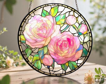 Vitral colgante con forma de rosa rosa, atrapasol romántico para esposa, regalo de aniversario y cumpleaños, arte botánico, decoración de jardín.