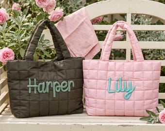 Personalized Quilted Puffer Tote Bag with Chenille Name for Bridesmaid Proposal, Maid of Honor Gifts and Bridal Party Wedding Day Essentials