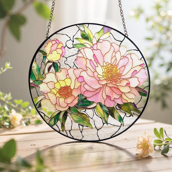 Peony Stained Glass Suncatcher, Mother's Day Gift for Mom, Floral Window Decor, Botanical Pink Flower Hanging, Garden Lover Grandma Gift