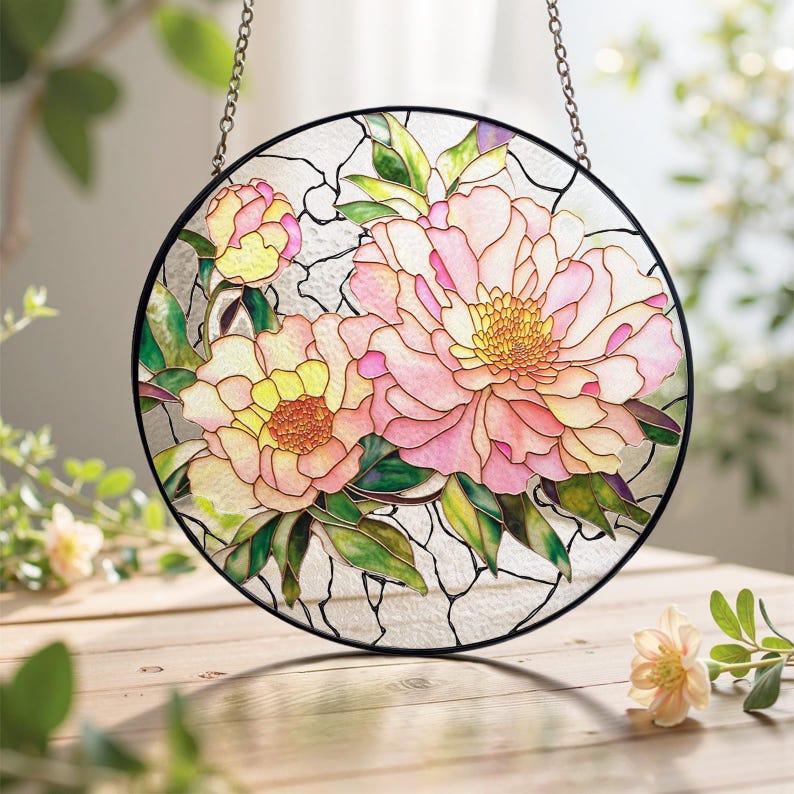 May include: A round stained glass panel featuring pink and yellow peony flowers with green leaves. The floral design is set against a clear, textured background with black outlines. The panel is suspended by a chain.