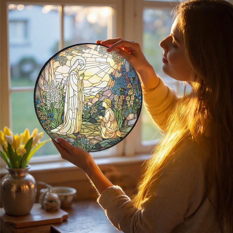 Peut inclure: Un panneau rond en vitrail repr&eacute;sentant une sc&egrave;ne religieuse avec des personnages dans un jardin. L'&oelig;uvre pr&eacute;sente une femme en robe blanche et une figure agenouill&eacute;e, avec une toile de fond de fleurs et un soleil brillant. Le panneau est tenu devant une fen&ecirc;tre.