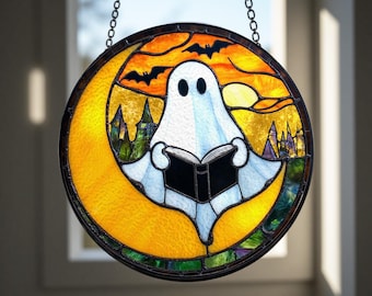 Ghost Stained Glass Suncatcher: Moon Reading Book, Halloween Window Decor