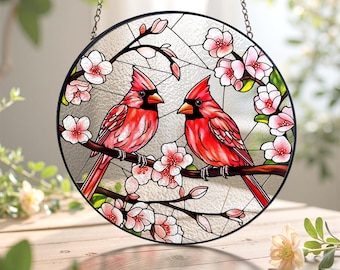 Cardinal Lovebirds Stained Glass Suncatcher/Male & Female Cardinal Home Decor/Memorial Gift/Holiday Decor/Gifts for Bird Lovers