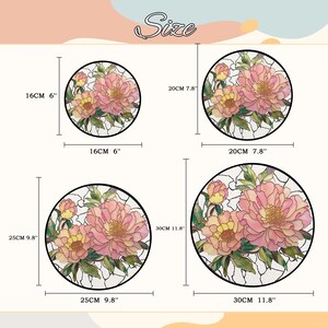 May include: Four round decorative panels with floral designs, featuring pink and yellow peonies and green leaves. Sizes range from 6 inches to 11.8 inches in diameter. The word "Size" is at the top.