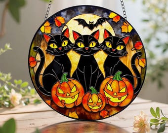 Atrapasol de vitral con diseño de gatos negros para Halloween, atrapasol colorido con calabazas, decoración para ventana con gato negro y calabaza, decoración colgante para fiesta de Halloween.
