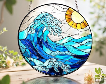 Atrapasol de olas, atrapasol de playa, decoración costera, arte de vidrio con atardecer, decoración de olas azules, regalo para amantes del mar.