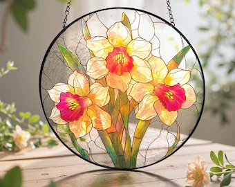 Atrapasueños de vitrales con forma de narciso, ideal para colgar en ventanas o decorar jardines de flores, regalo de cumpleaños para abuela, esposa o mamá.