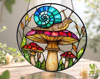 Atrapasol de hongos/Vitral colgante de hongo y caracol azul/Decoración del hogar con hongos/Regalo de cumpleaños para mamá y abuela/Regalo de inauguración de la casa