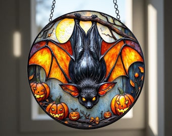 Atrapasol de Halloween con forma de murciélago y calabaza, colorido, para Halloween, ideal para colgar en la ventana o para fiestas.