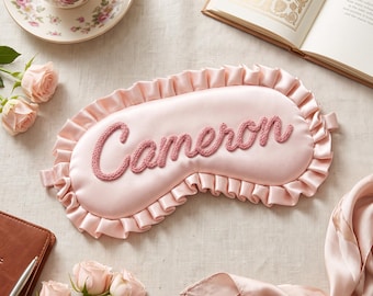 Personalized Ruffled Satin Sleep Mask with Chenille Name, a Self Care Gift for Her to Give on Birthdays or as a Christmas Stocking Stuffer