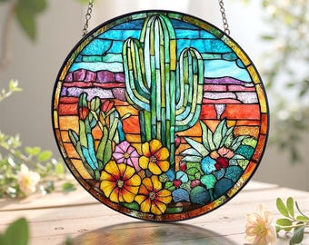Atrapasol de cactus con vitrales, colorido colgante floral desértico para ventana, arte de pared bohemio, regalo para amantes de las plantas y fanáticos de la decoración del suroeste.