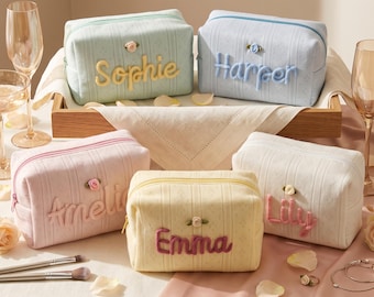 Personalized Knit Makeup Bags with Chenille Names and Rose Details, Matching Bridesmaid Gifts for Wedding Day Makeup and Beauty Essentials