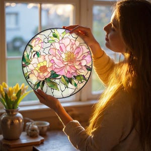 May include: A round stained glass panel featuring a floral design with pink and yellow peonies and green leaves. The panel is held up in front of a window, showcasing the intricate details and colors of the artwork. The panel has a black border.