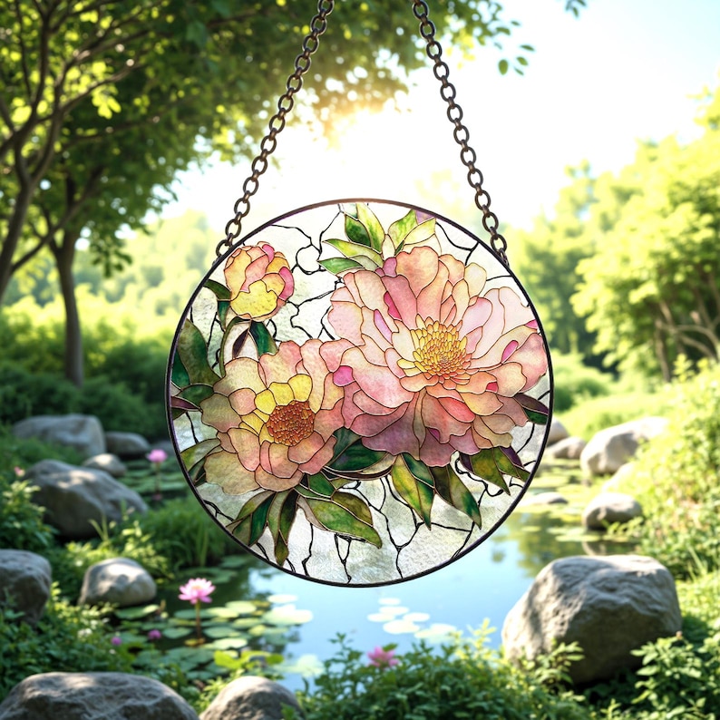 May include: A round stained glass window featuring a floral design of pink and yellow peonies with green leaves. The window is framed in black and hangs from a chain. The background shows a serene outdoor scene with a pond and lush greenery.