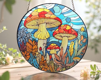 Mushroom Suncatcher Stained Glass Window Hanging, Colorful Cottagecore Wall Decor for Mushroom Lovers, Birthday & Holiday Gift, Home Decor