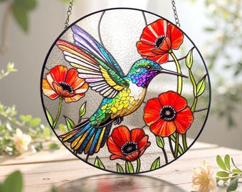 Atrapasueños de vitral con colibrí y flores, colgante de ventana con colibrí, arte de pared de amapola, un regalo ideal para abuelas y amantes de la naturaleza.