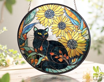 Black Cat Stained Glass Sun Catcher with Sunflower Accent/Window Hanging Decor for Cat Lovers/Gift for Cat Lovers/Holiday Gift Memorial Gift