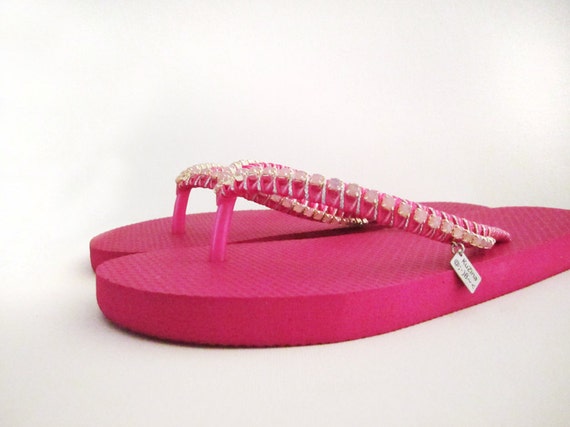 Items similar to Spring BLING - Pink flip flops with rhinestone and pink strings on Etsy