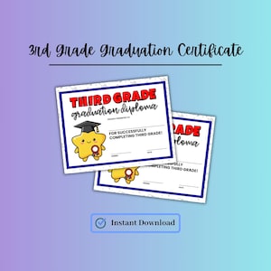 Könnte beinhalten: Zwei 3rd Grade Graduation Certificate Diplome mit blauem Rand und einem Cartoon-Stern-Charakter. Die Zertifikate tragen den Text "THIRD GRADE graduation diploma" und "FOR SUCCESSFULLY COMPLETING THIRD GRADE!". Das Bild enthält auch den Text "Instant Download".