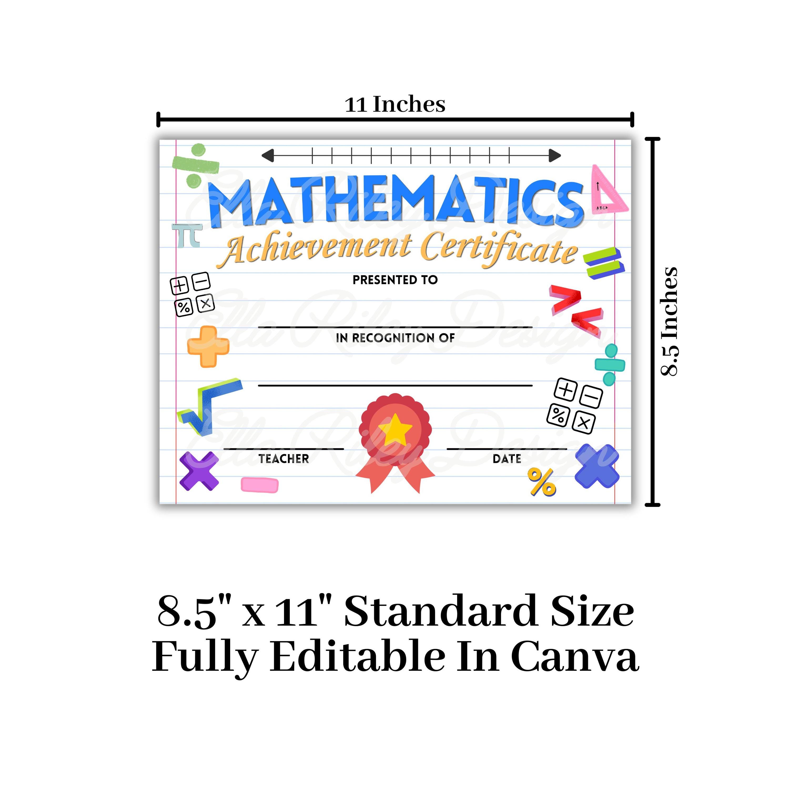 Editable Math Achievement Certificate | Student Awards Print at Home ...