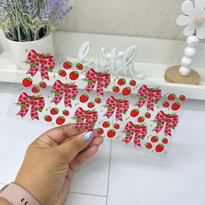 Strawberry Bows, UVDTF Cup wrap, Ready to apply, High Quality, Libbey Cup Wraps, Coquette UV DTF, Transfer, Glass Can Wraps, Waterproof