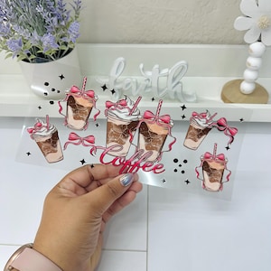 Pink Coffee Bows, UVDTF Cup wrap, Ready to apply, High Quality, Libbey Cup Wraps, Coffee UV DTF, Transfer, Glass Can Wraps, Waterproof
