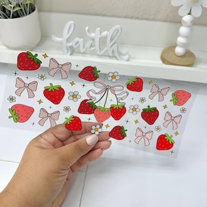 Strawberry & Bows, UVDTF Cup wrap, Ready to apply, High Quality, Libbey Cup Wraps, Easy application, Transfer, Glass Can Wraps, Waterproof,