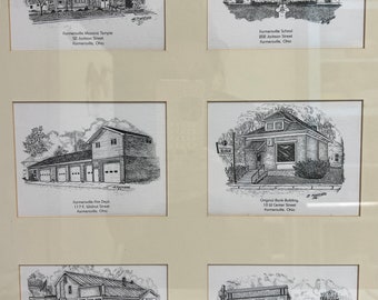 Farmersville Ohio Pencil Art of Local Businesses by H. Masters Framed, Matted, & Signed