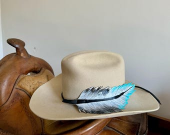 Turquoise, black, grey and white, hand tooled Leather feather hat band, cowboy, cowgirl, rodeo fashion, hat accessories, hand painted, boho