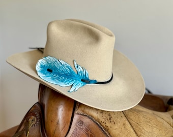 Turquoise Leather feather hat band, cowboy, cowgirl, unisex, rodeo fashion, hat accessories, leather work, handmade, western fashion, boho