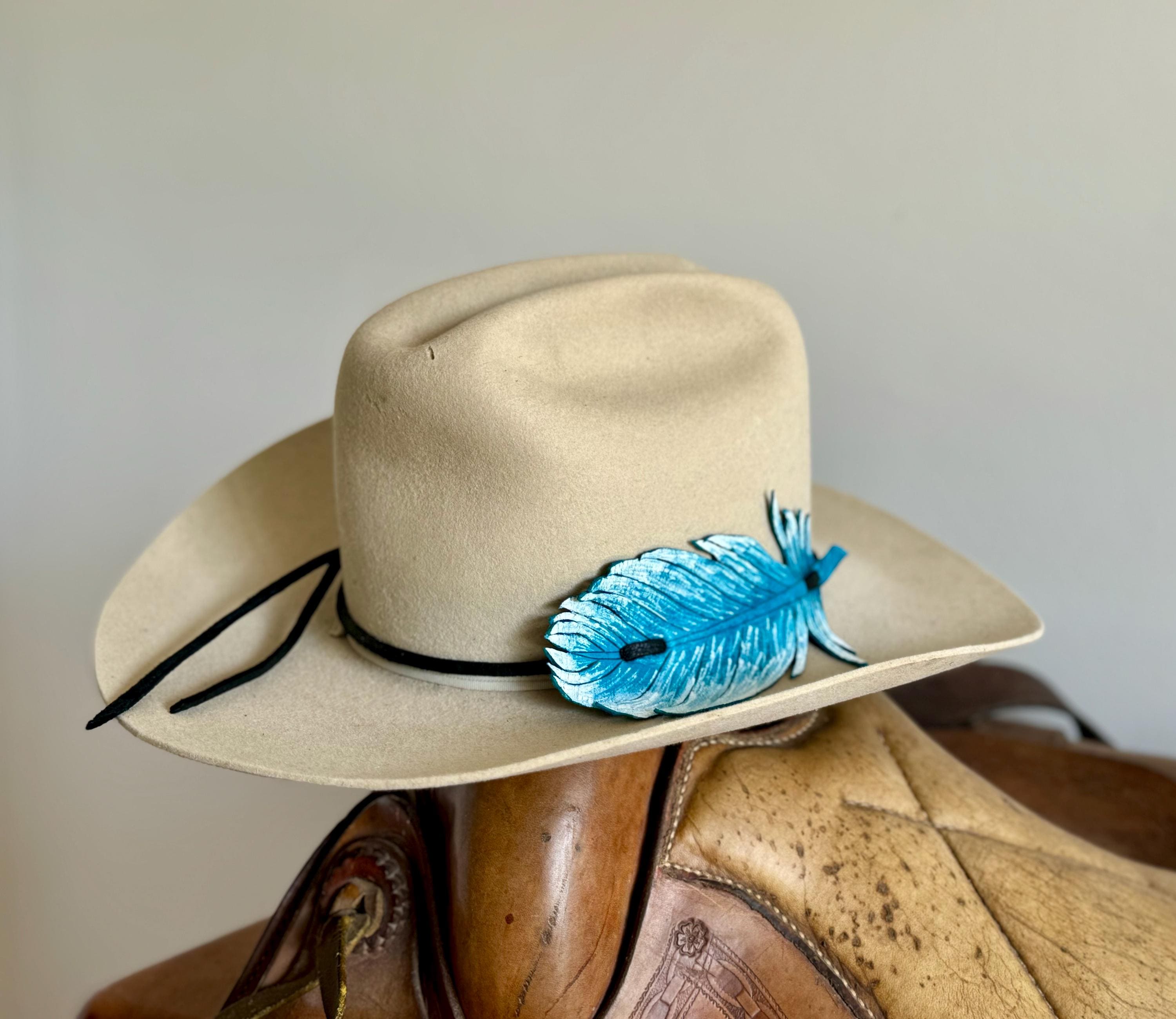 Tan Leather Look Western Cowboy Hat with Turquoise Motif Band Adult Costume Accessory