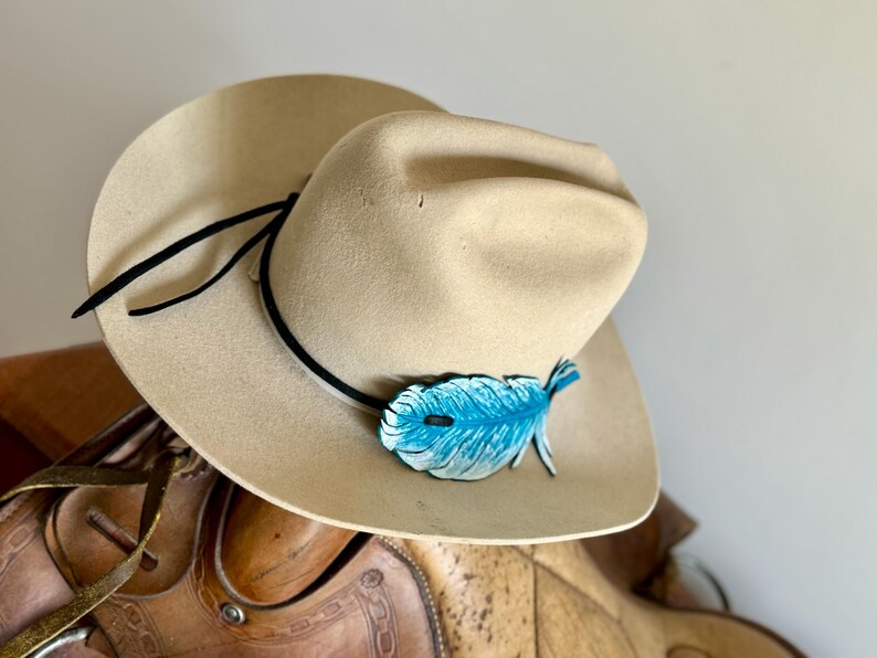 Tan Leather Look Western Cowboy Hat with Turquoise Motif Band Adult Costume Accessory main image 1