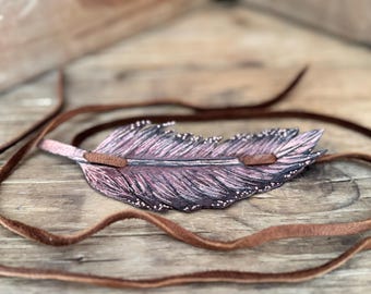 Terracotta, burgundy, black hand tooled Leather feather hat band, hand painted, cowboy, cowgirl, rodeo fashion, hat accessories, facintor