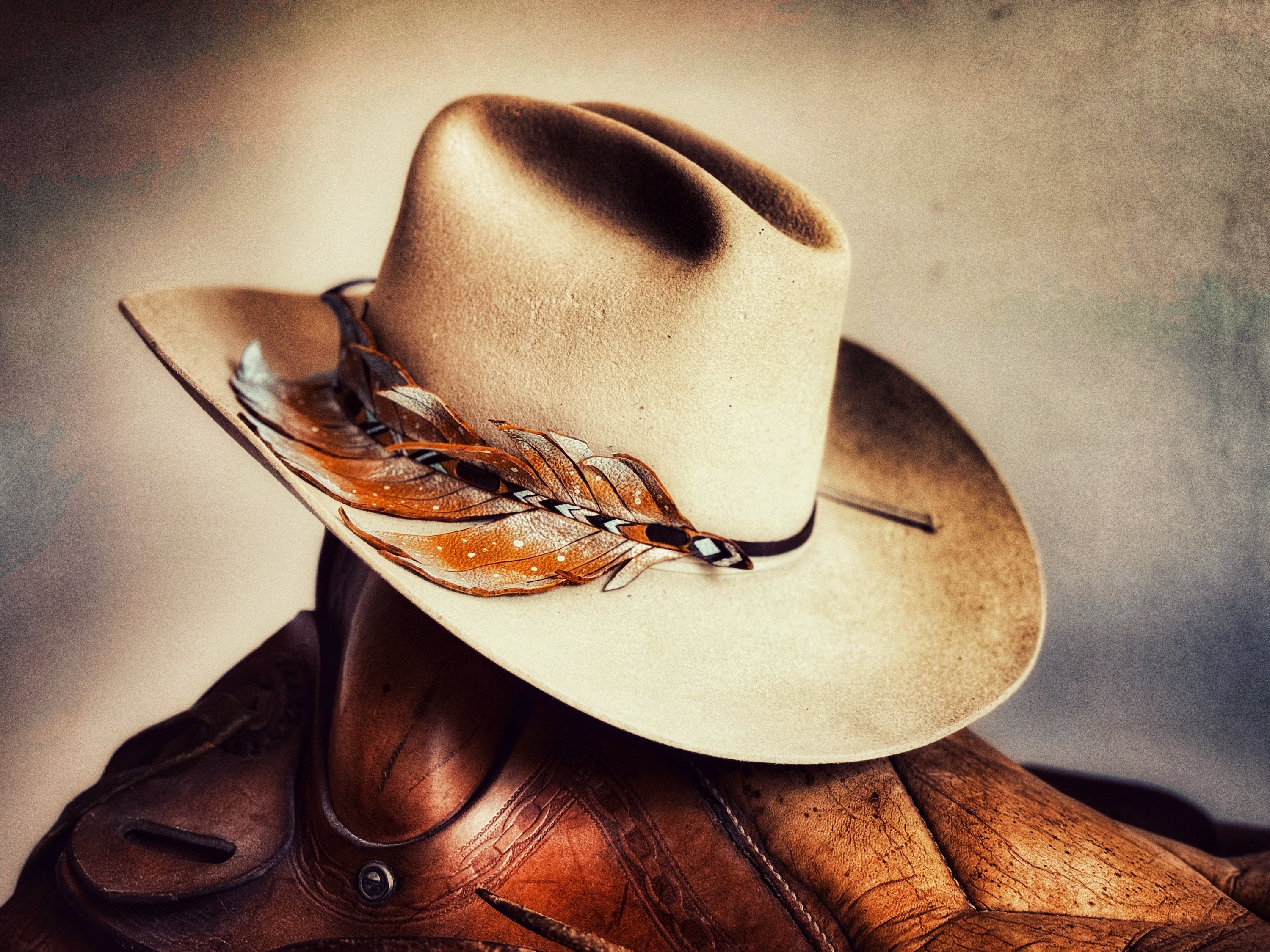 Painted Leather feather hat band, turquoise, white, black, gold, silver, tooled, Canadian made, cowboy, cowgirl, unisex, rodeo fashion, boho