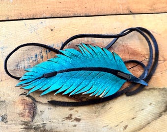 Teal, turquoise, and black tooled Leather feather hat band,hand painted, cowboy, cowgirl, rodeo fashion, hat accessories, facinator, Alberta
